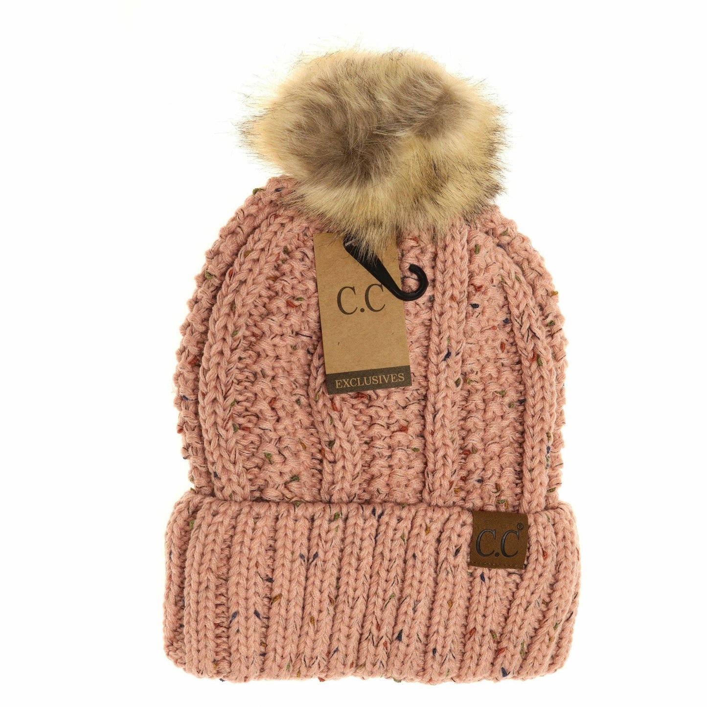 CC Beanie Fuzzy Lined Flecked Fur Pom
