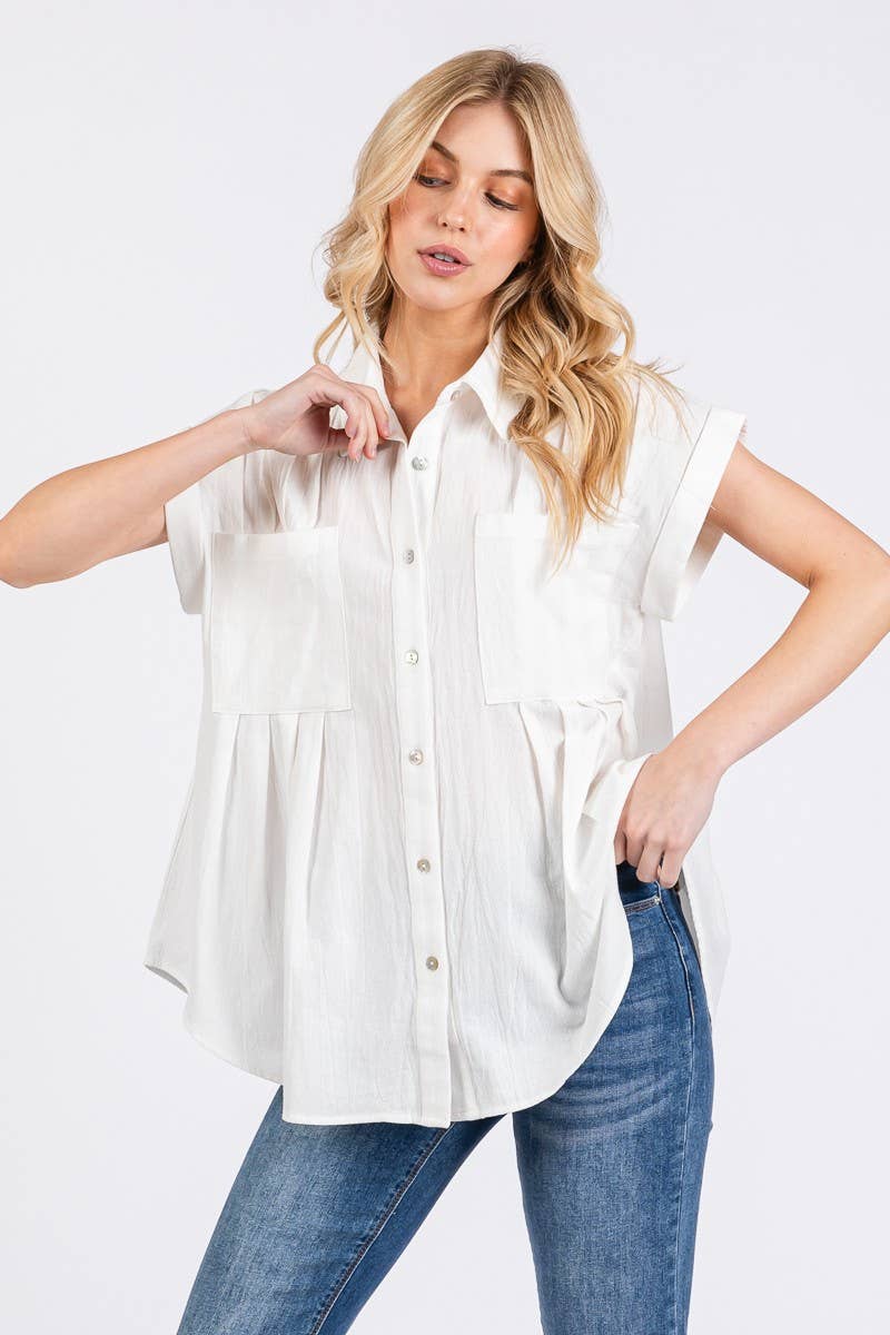 Pleated Cotton Button Down Top