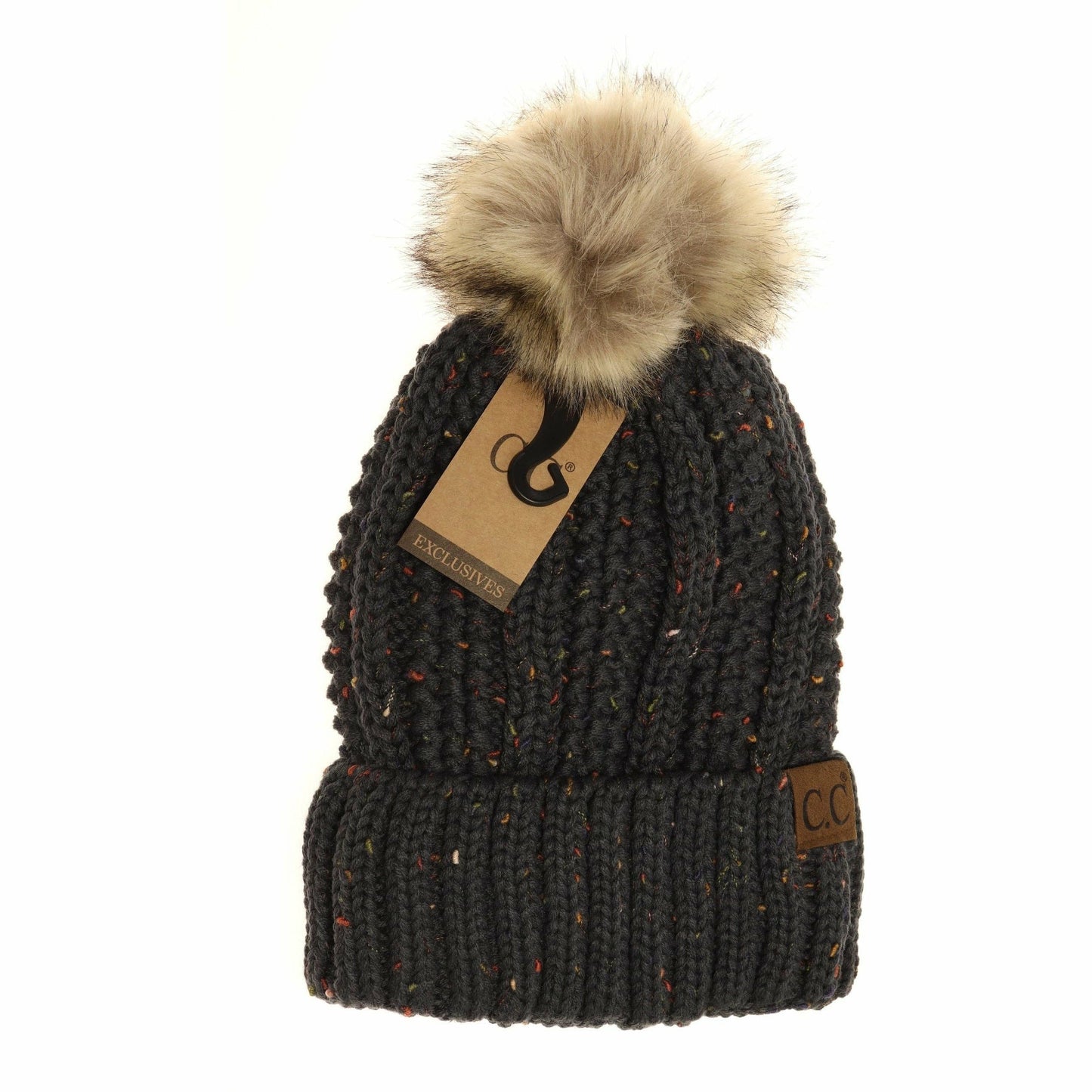 CC Beanie Fuzzy Lined Flecked Fur Pom