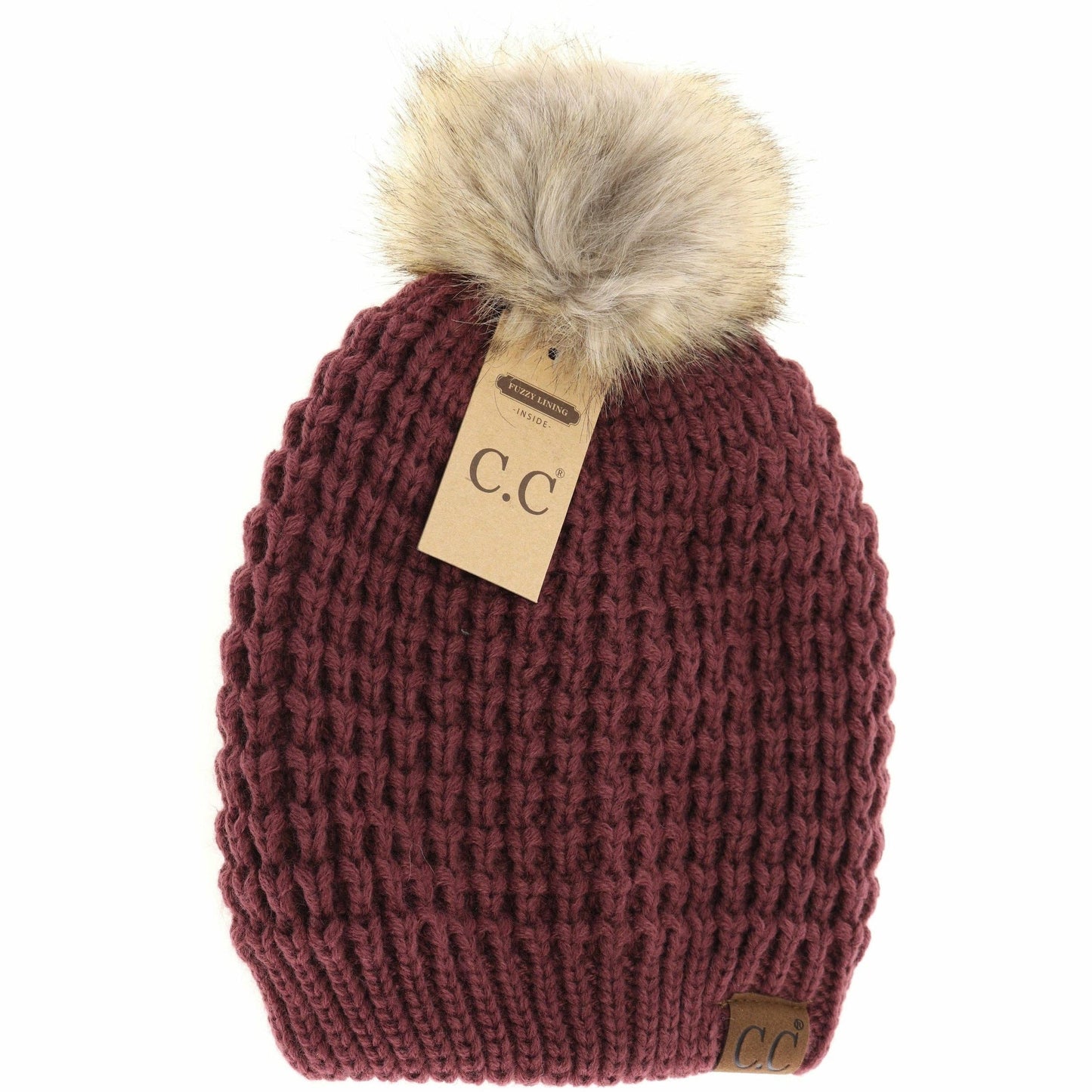 CC Beanie Solid Waffle Stitch Fur Pom