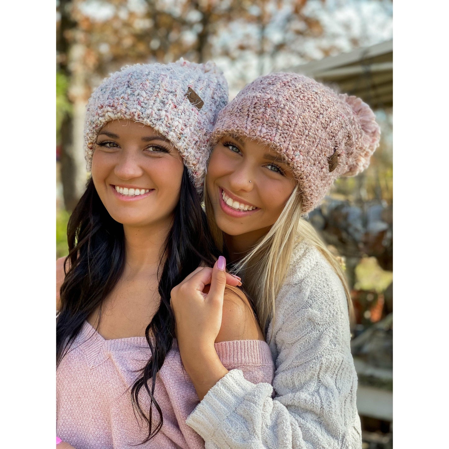 CC Beanie Multi Color Feather Knit Pom Beanie
