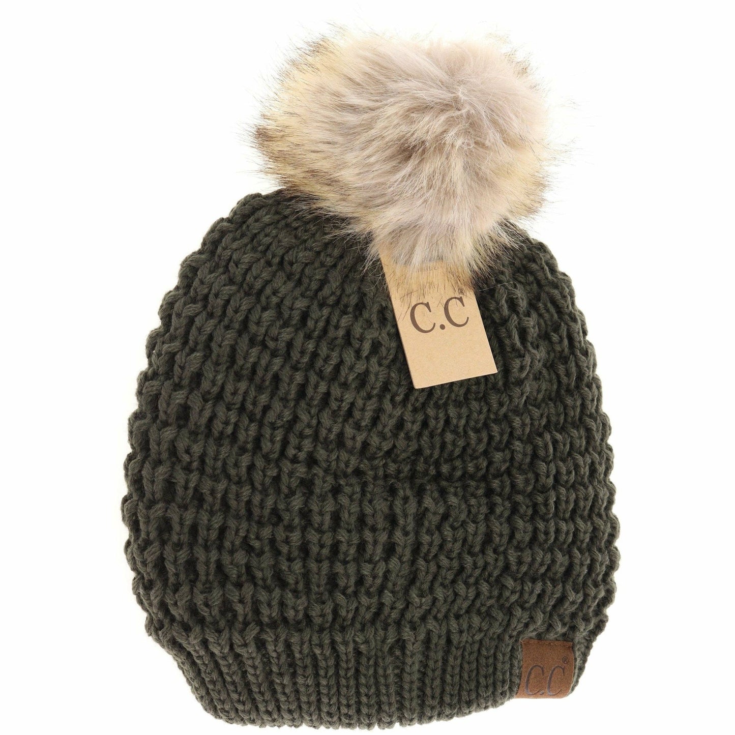CC Beanie Solid Waffle Stitch Fur Pom