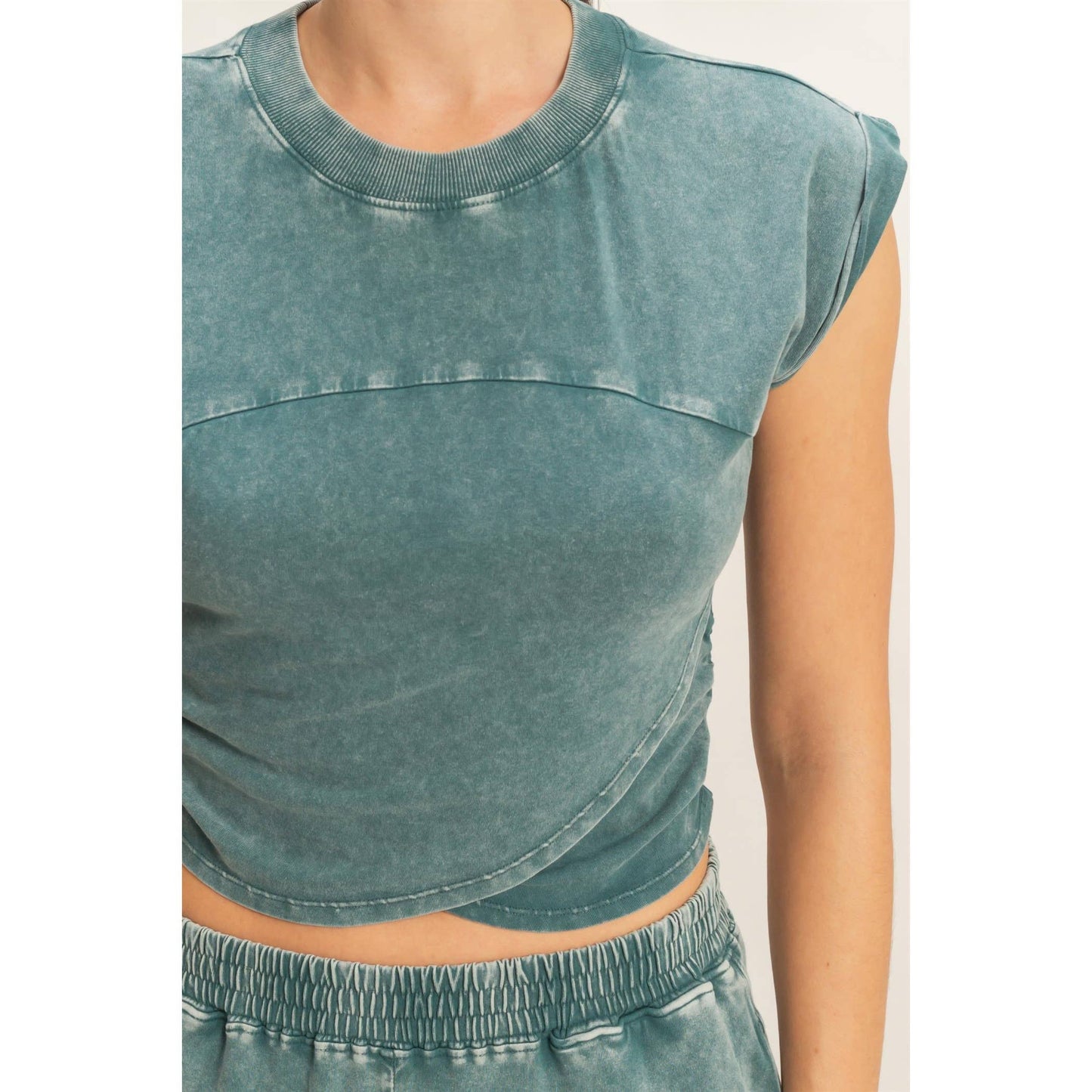Rolled Sleeve Wrap-Front Crop Top