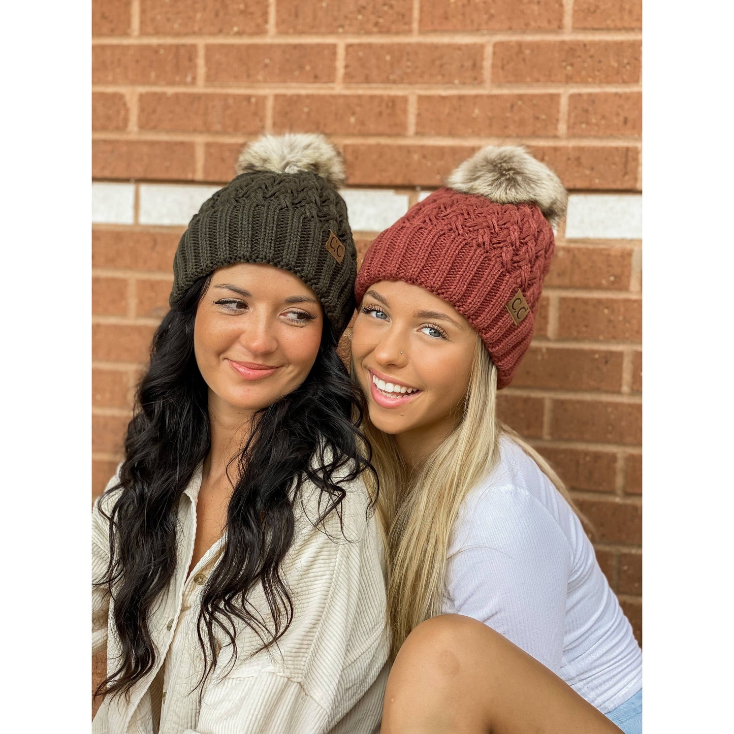 CC Beanie Solid Lattice Stitch Fur Pom Beanie