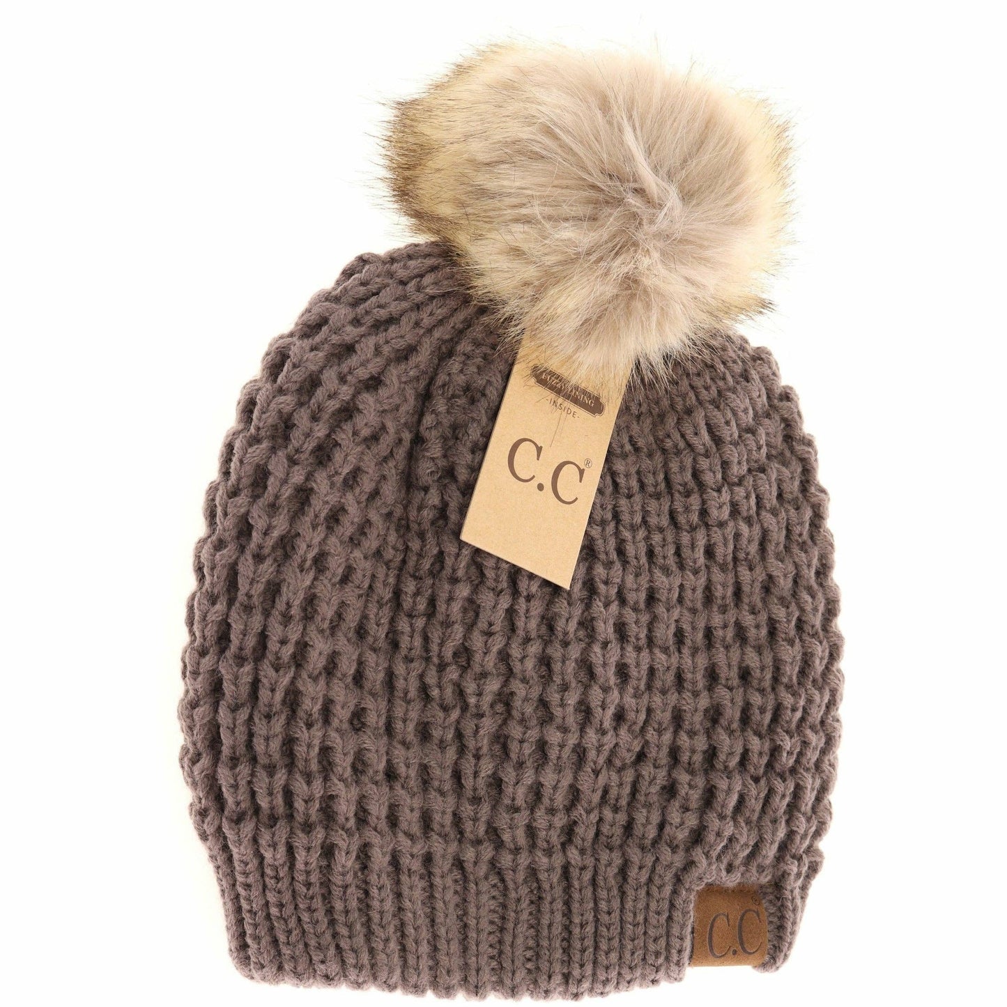 CC Beanie Solid Waffle Stitch Fur Pom