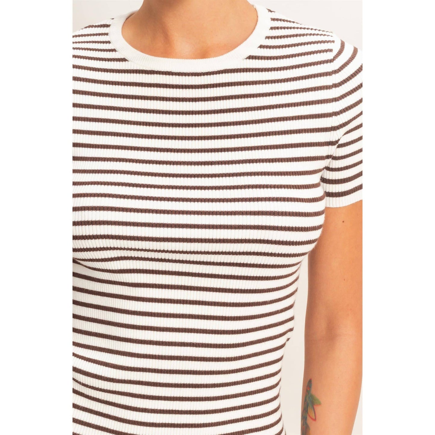 Striped Ribbed Short Sleeve Crew Neck Knit Top