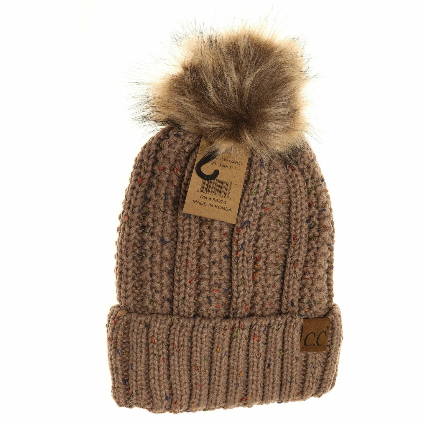 CC Beanie Fuzzy Lined Flecked Fur Pom