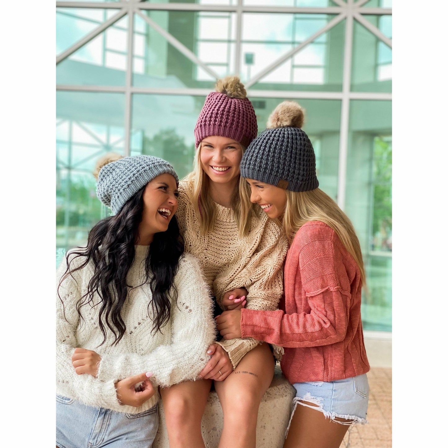 CC Beanie Solid Waffle Stitch Fur Pom