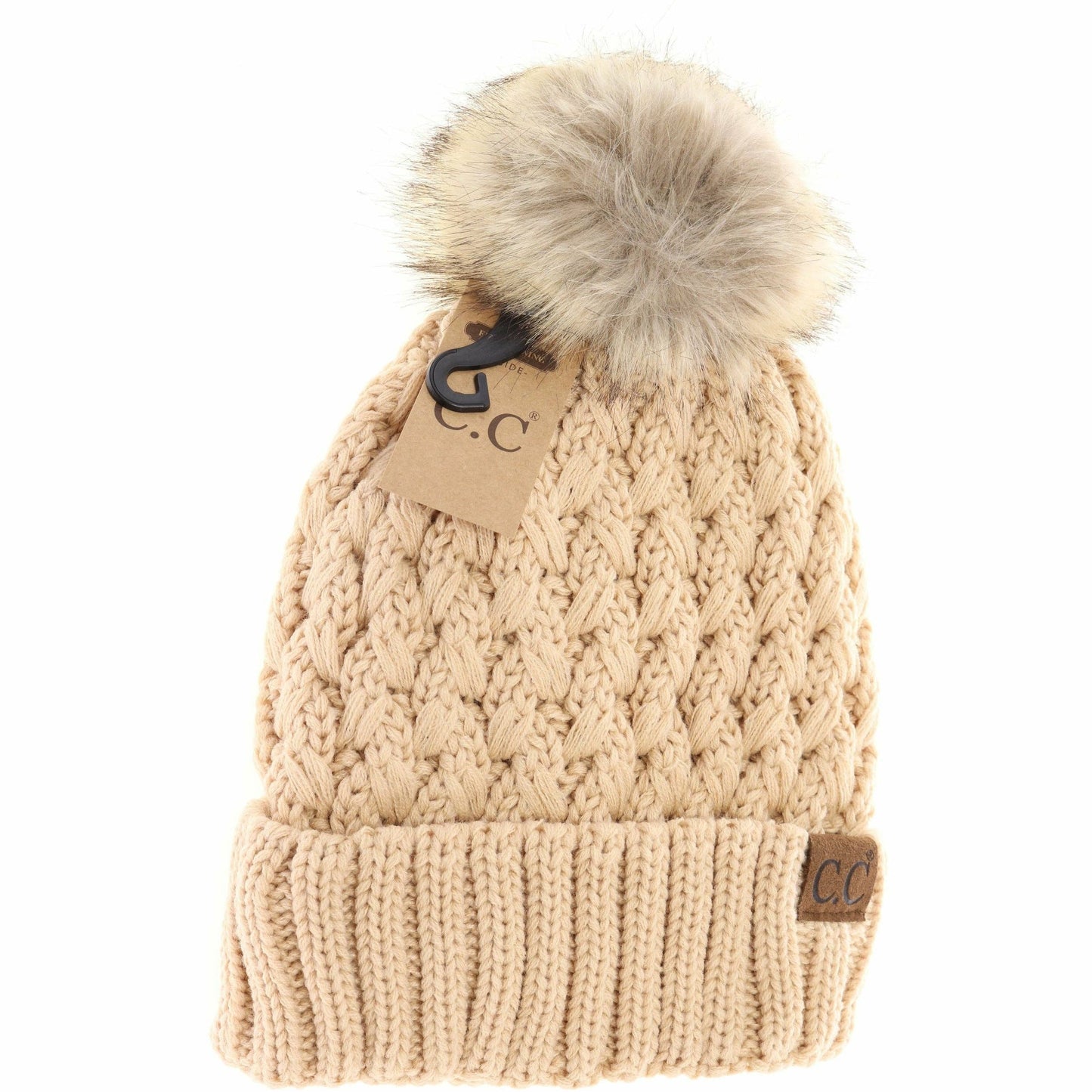 CC Beanie Solid Lattice Stitch Fur Pom Beanie