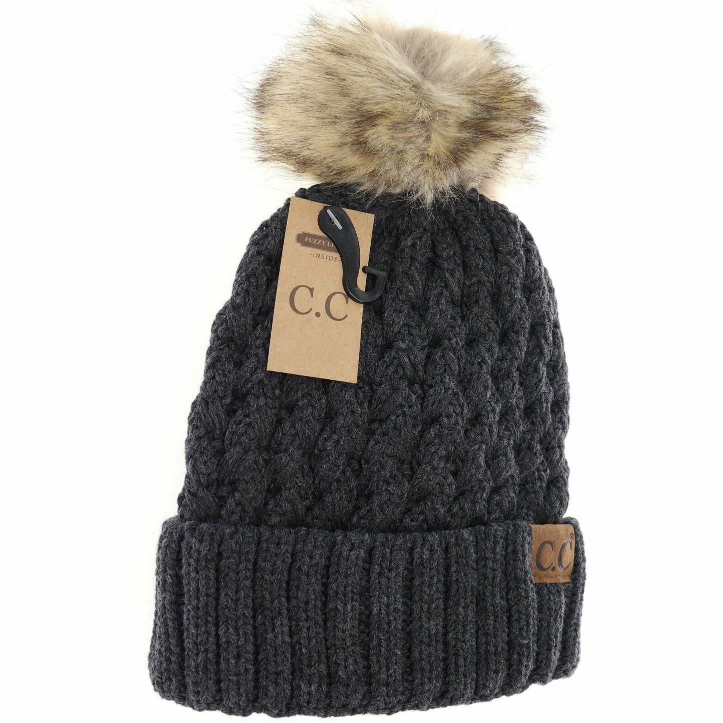 CC Beanie Solid Lattice Stitch Fur Pom Beanie