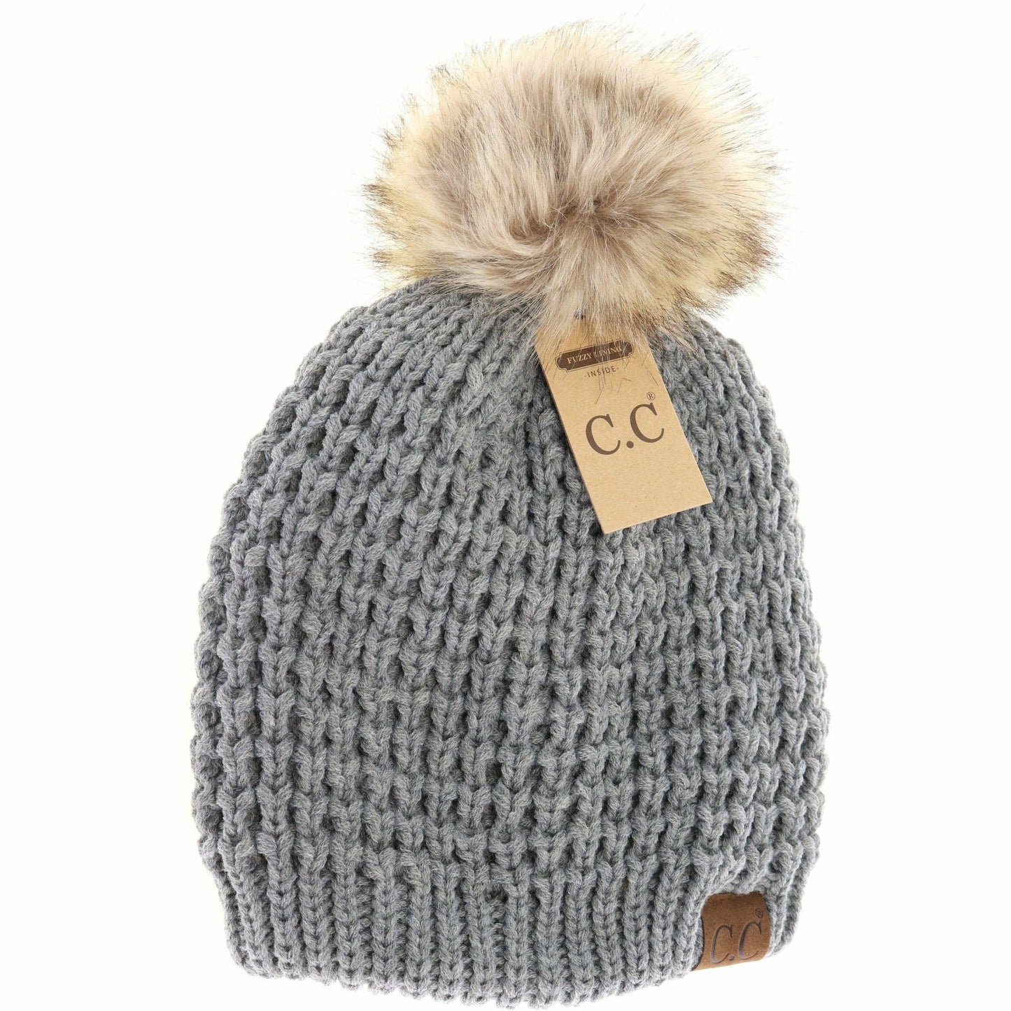 CC Beanie Solid Waffle Stitch Fur Pom