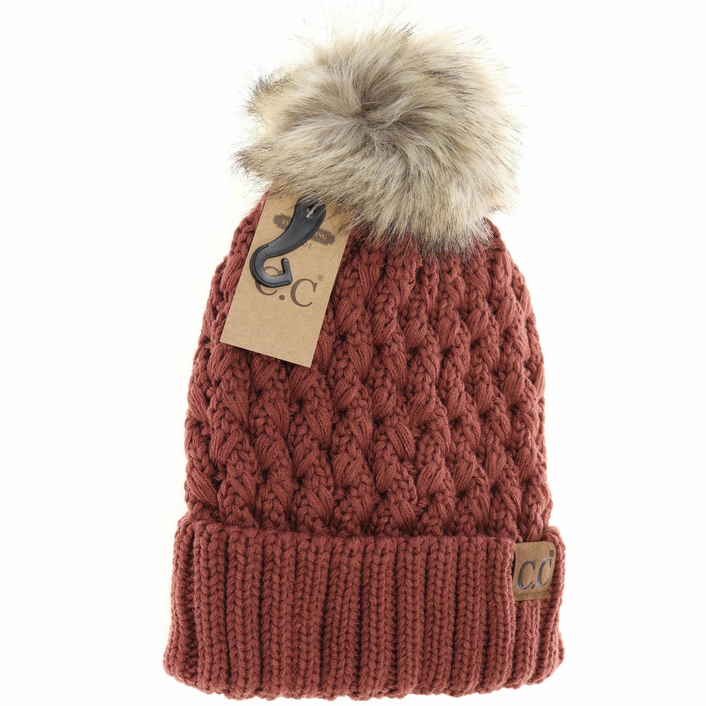 CC Beanie Solid Lattice Stitch Fur Pom Beanie