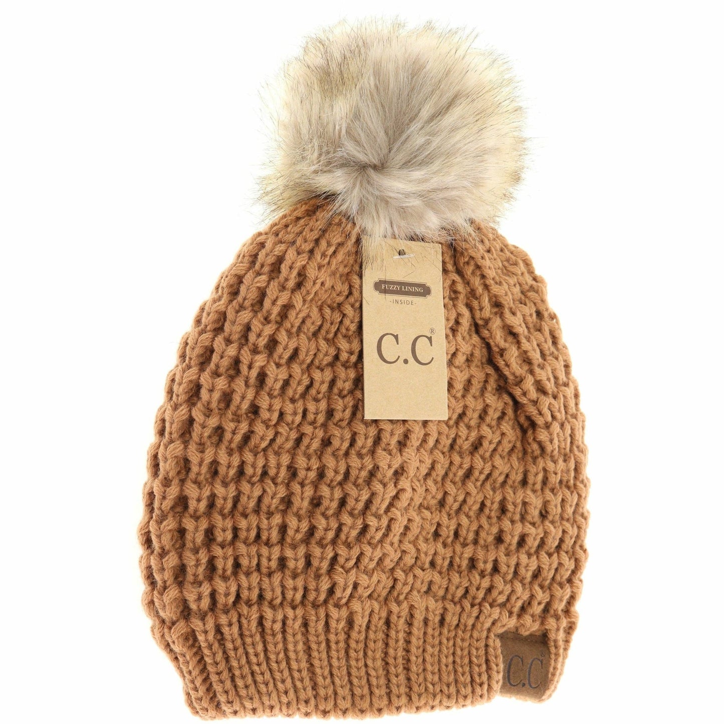 CC Beanie Solid Waffle Stitch Fur Pom