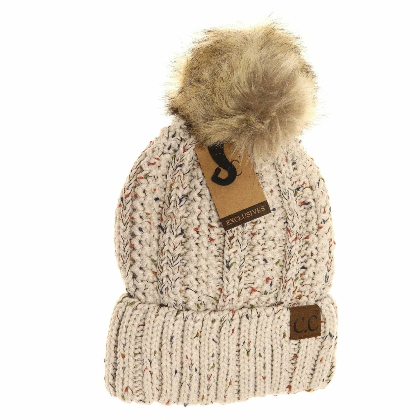 CC Beanie Fuzzy Lined Flecked Fur Pom