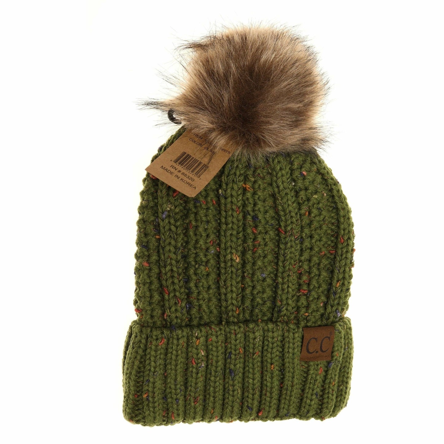 CC Beanie Fuzzy Lined Flecked Fur Pom