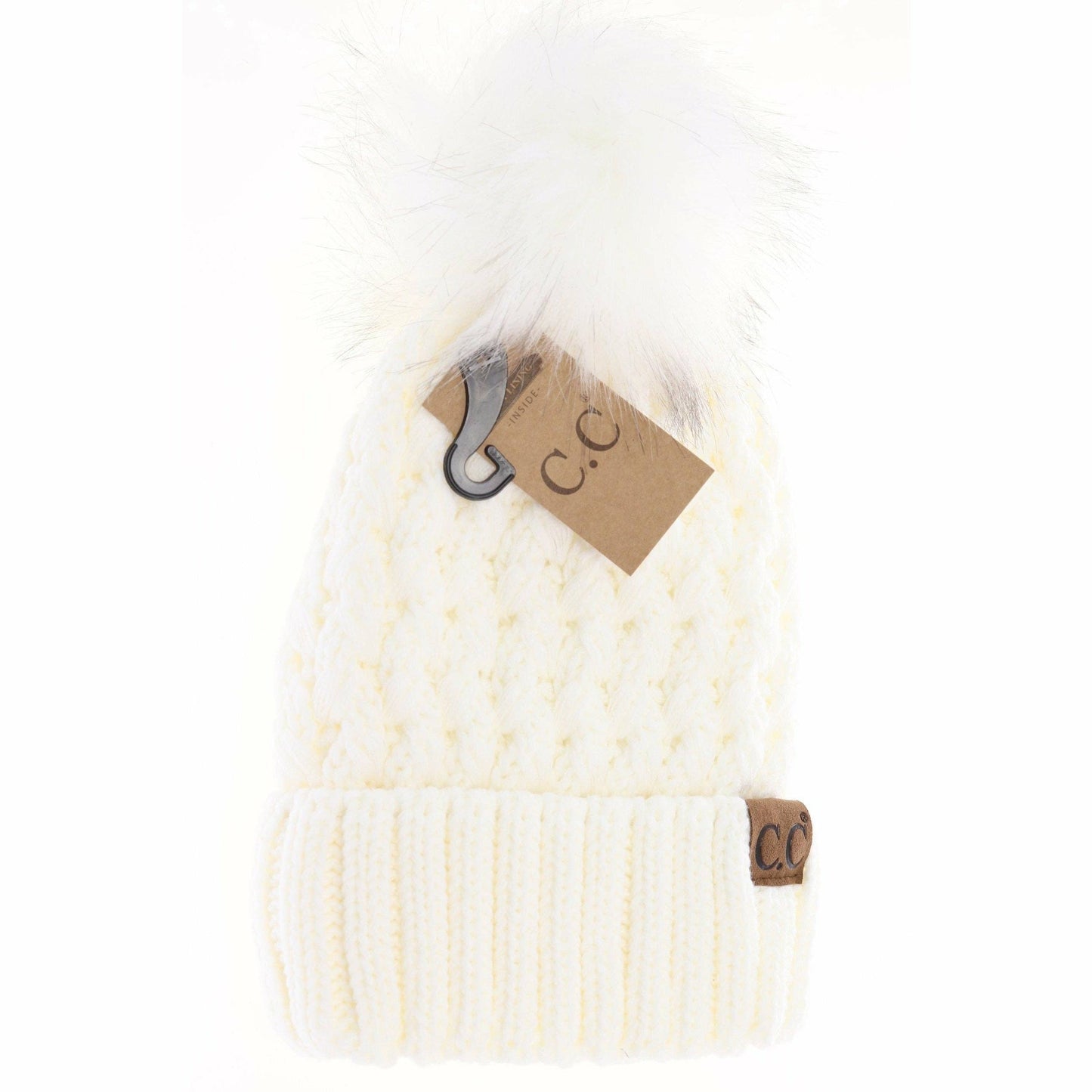CC Beanie Solid Lattice Stitch Fur Pom Beanie