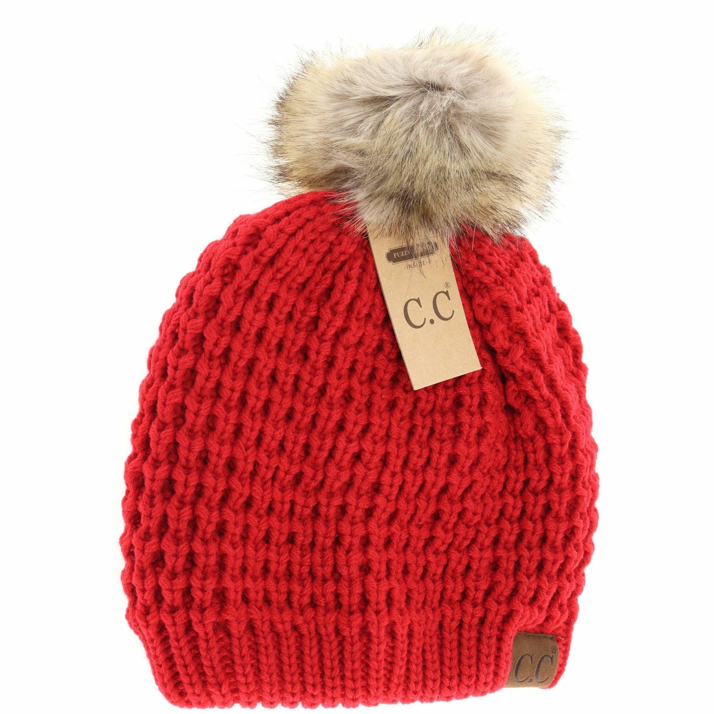 CC Beanie Solid Waffle Stitch Fur Pom