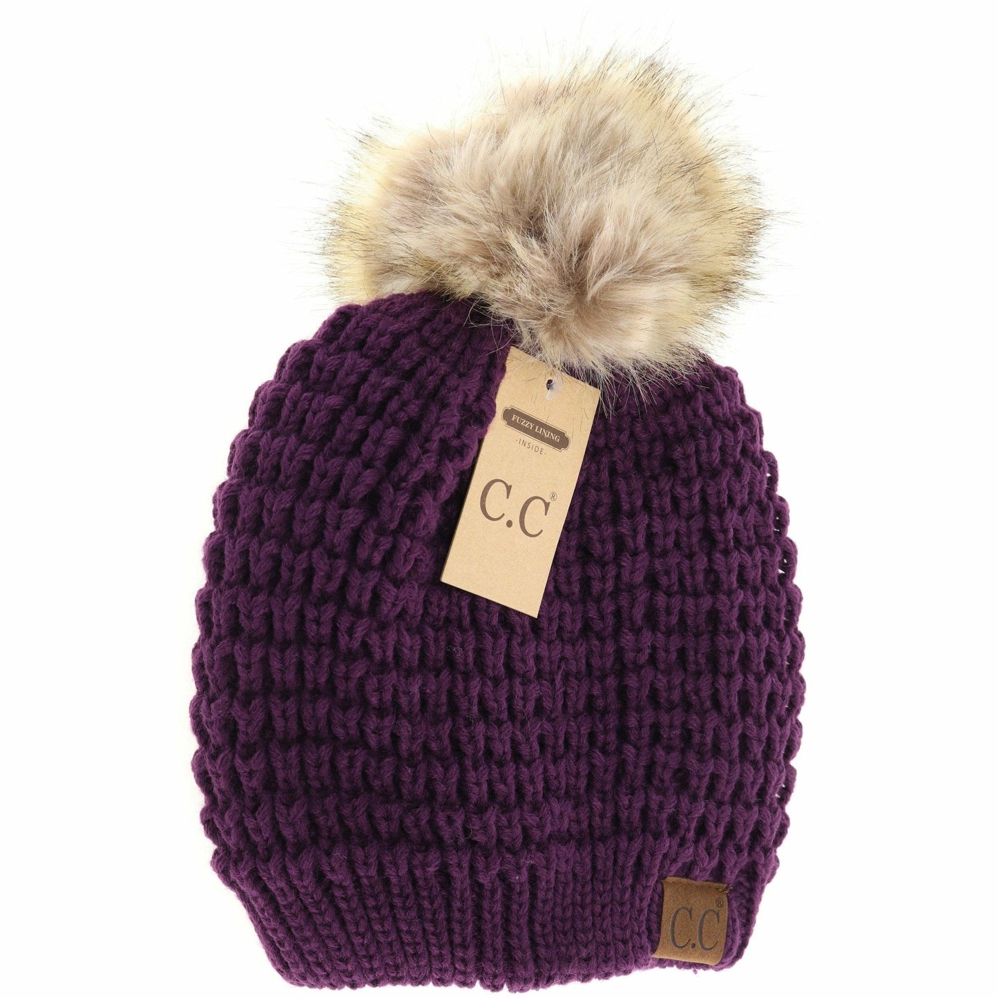 CC Beanie Solid Waffle Stitch Fur Pom