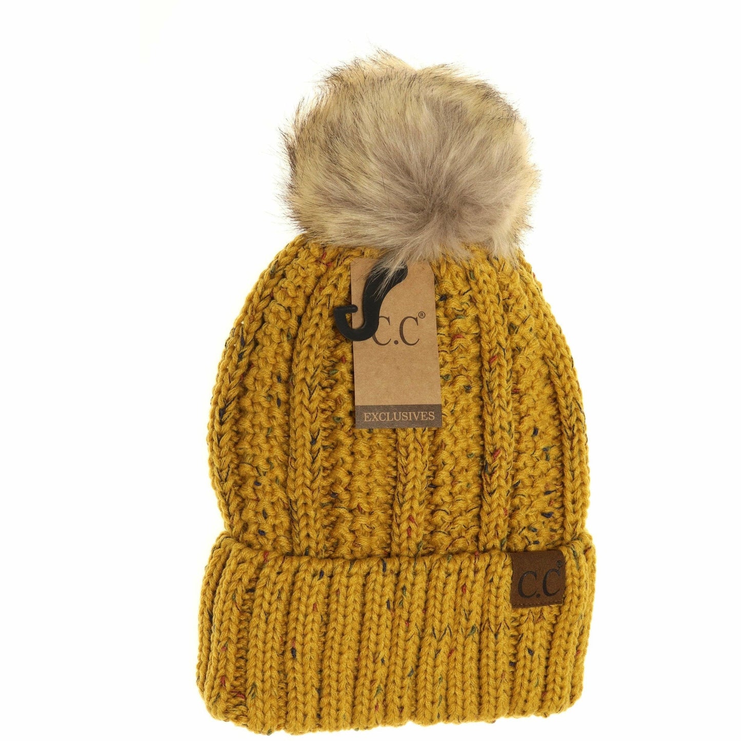 CC Beanie Fuzzy Lined Flecked Fur Pom