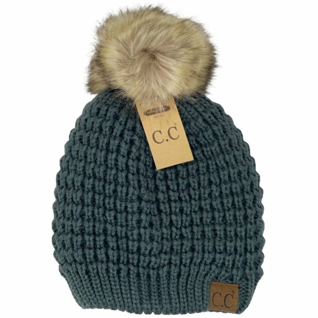 CC Beanie Solid Waffle Stitch Fur Pom