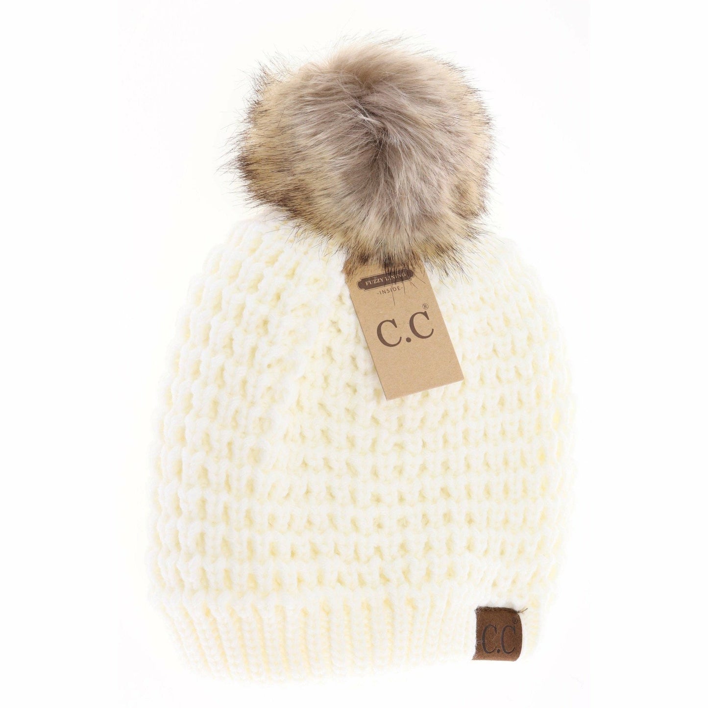 CC Beanie Solid Waffle Stitch Fur Pom