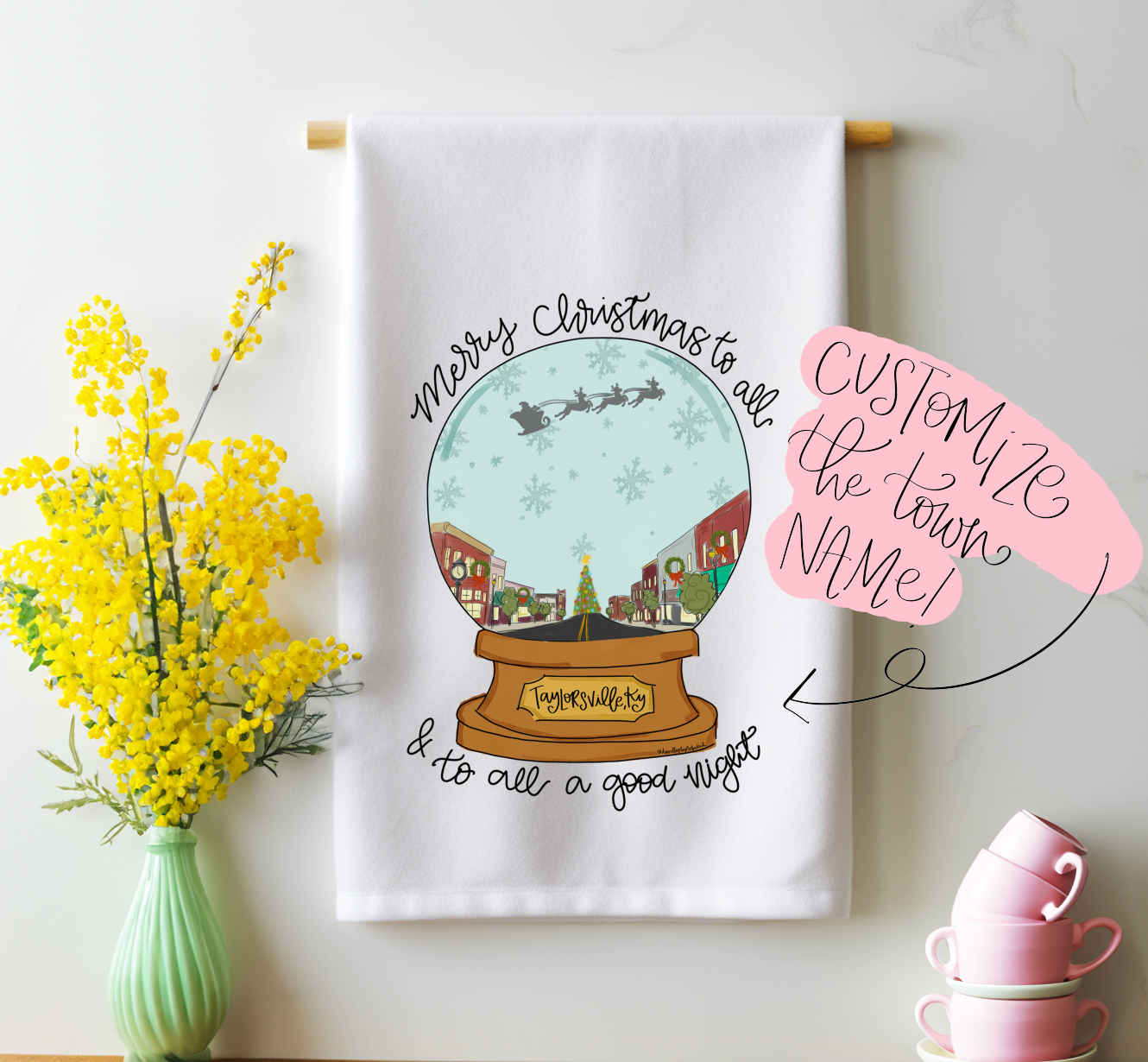 Custom Name- Brown Snow Globe Tea Towel