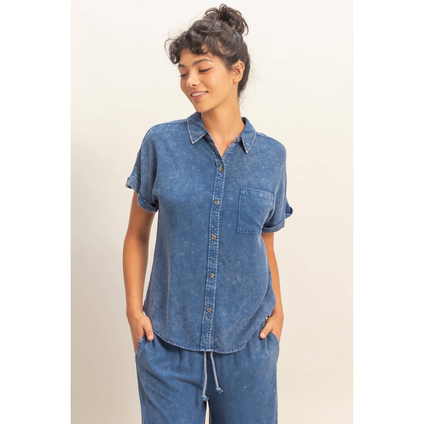 Mineral Wash Button-Up Dolman Sleeve Shirt