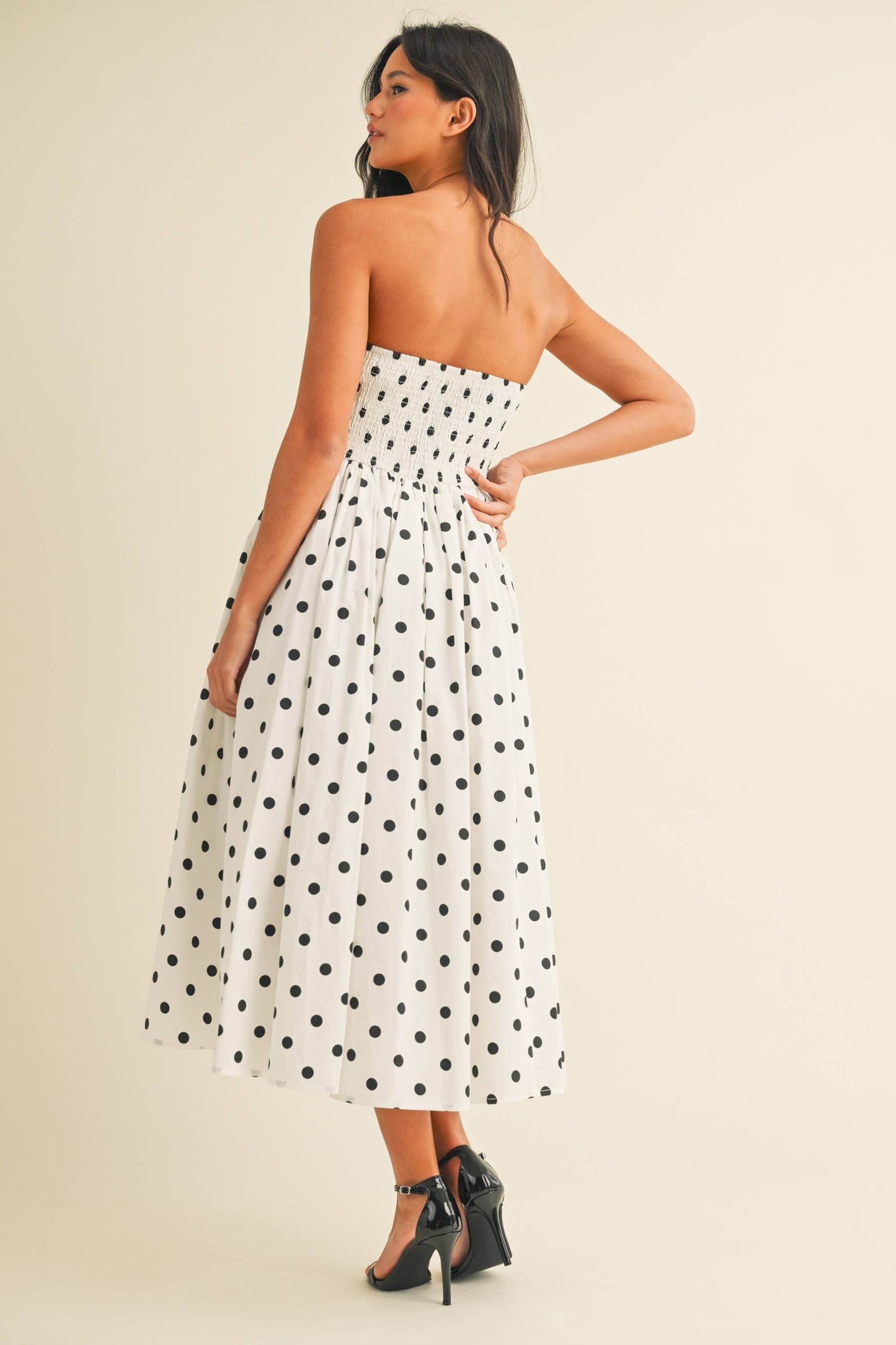 Polka Dot Strapless Tea Length Dress