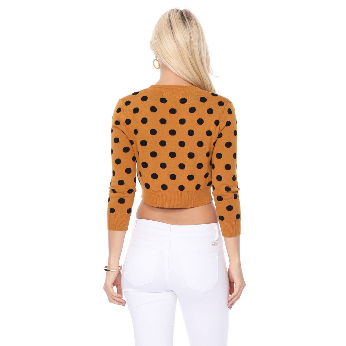 3/4 Sleeve V-Neck Polka Dot Cropped Sweater Cardigan