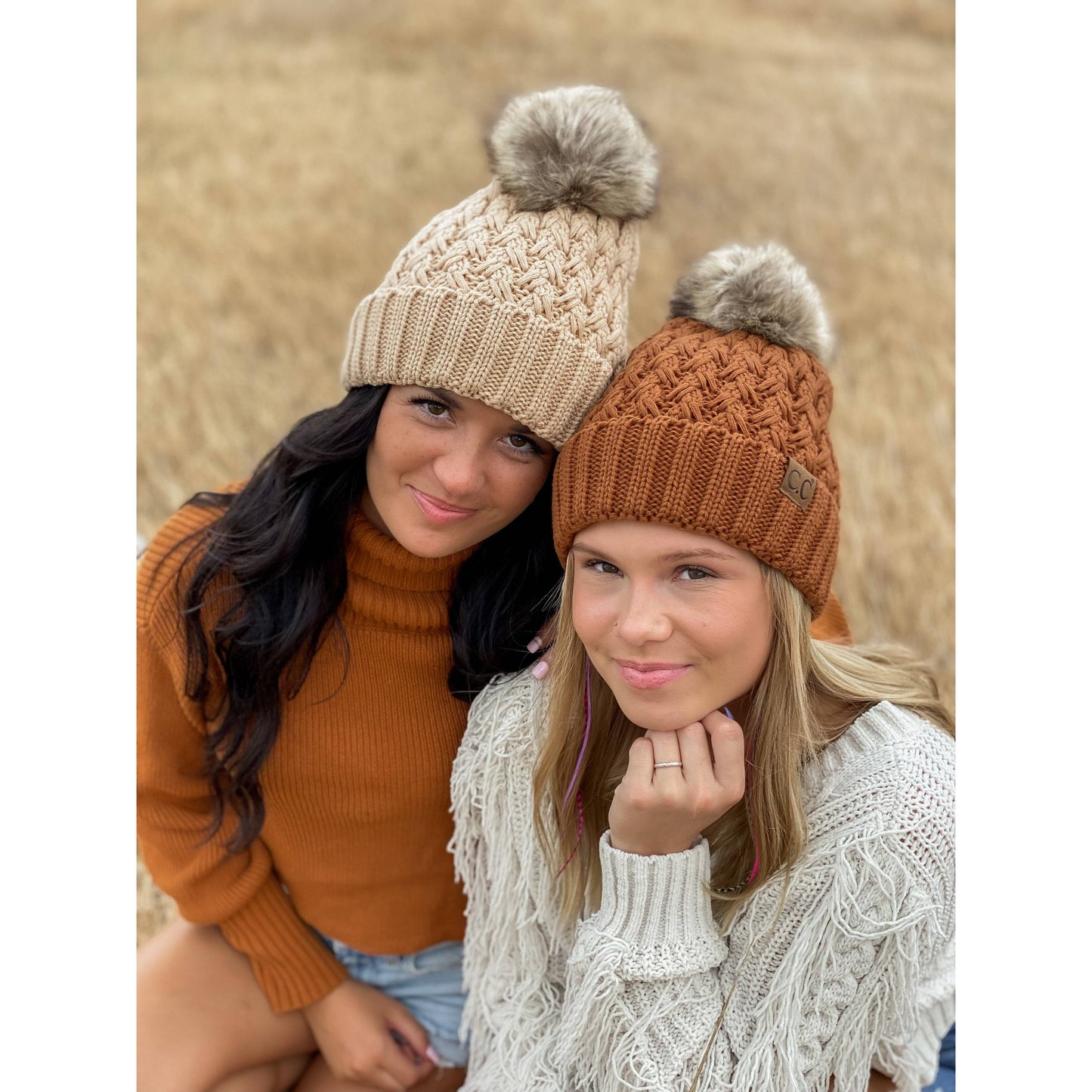 CC Beanie Solid Lattice Stitch Fur Pom Beanie