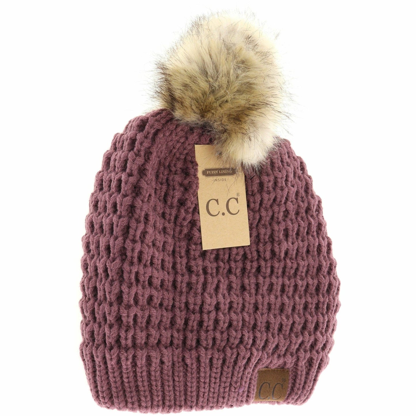 CC Beanie Solid Waffle Stitch Fur Pom