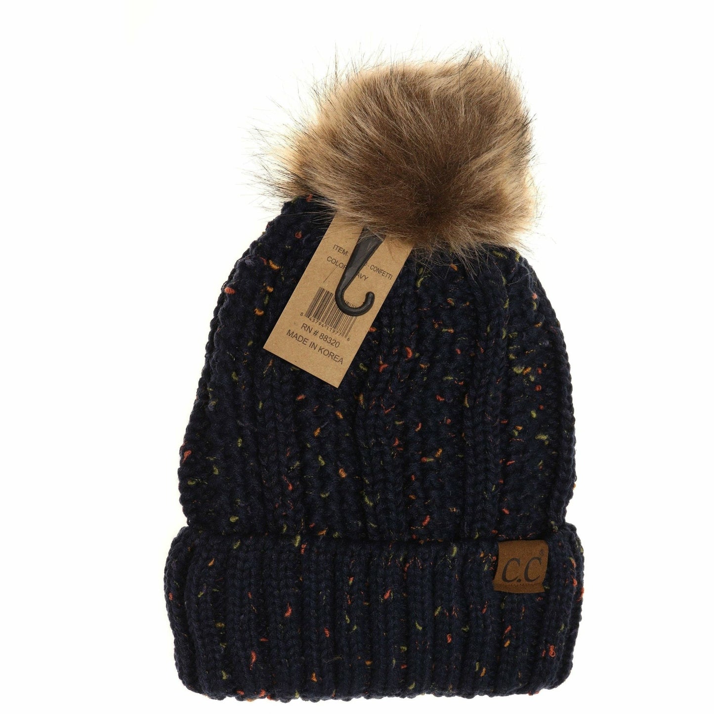CC Beanie Fuzzy Lined Flecked Fur Pom