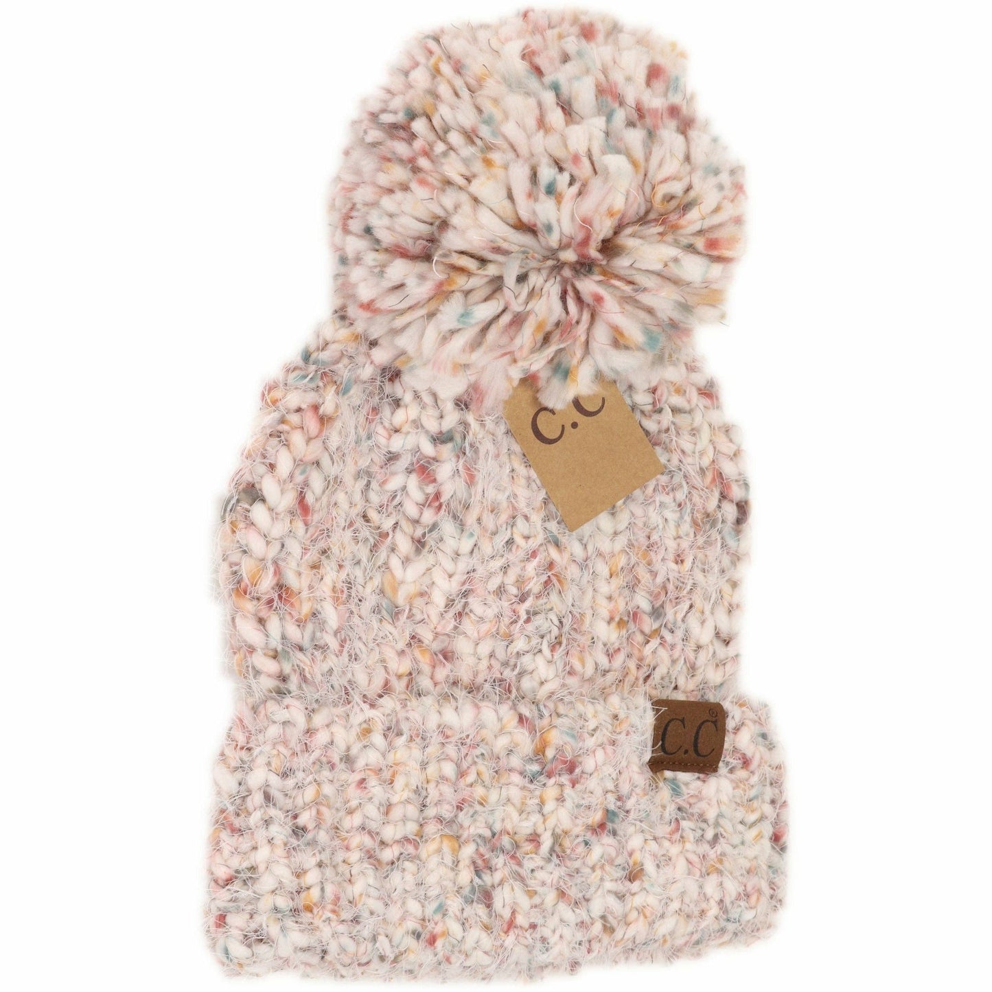 CC Beanie Multi Color Feather Knit Pom Beanie