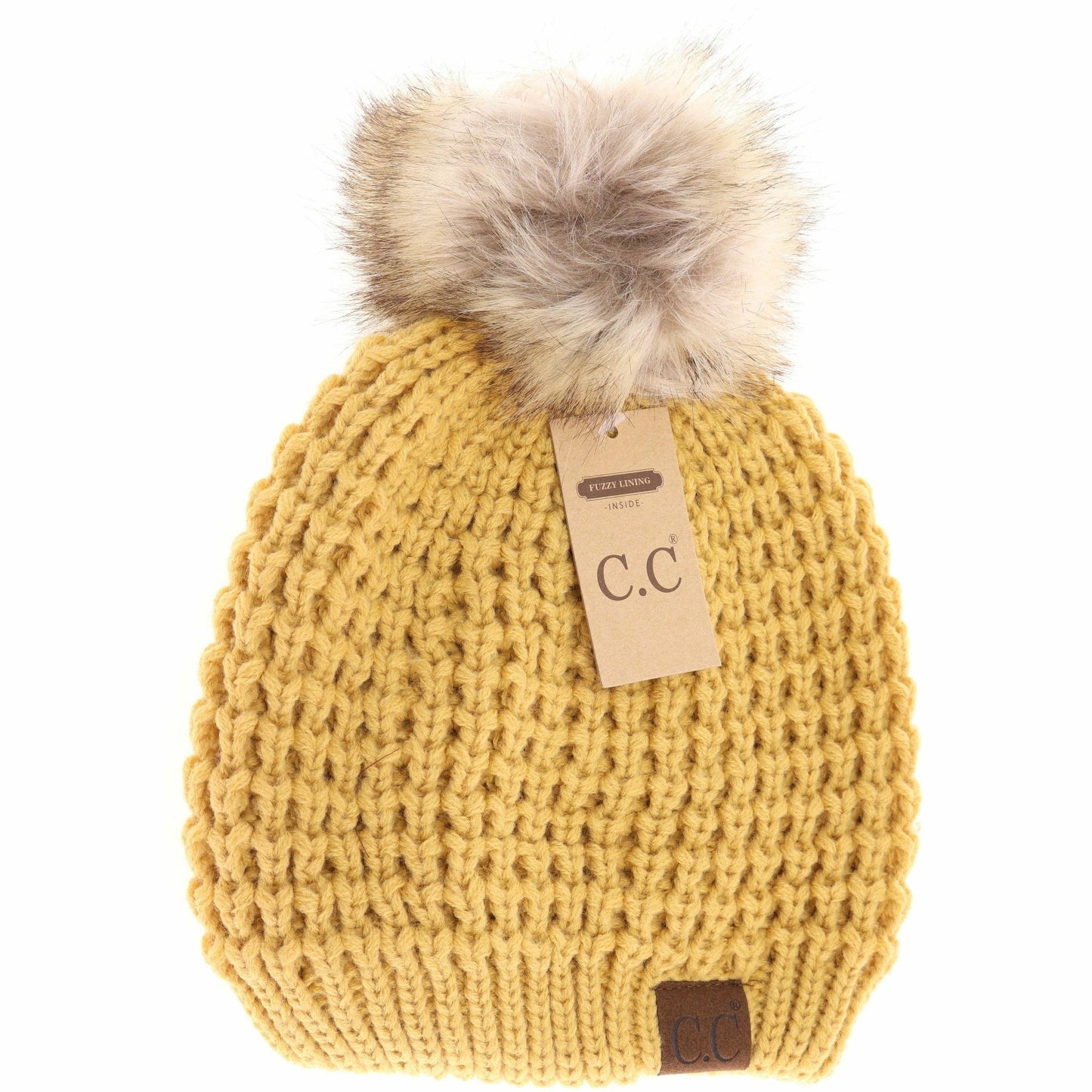 CC Beanie Solid Waffle Stitch Fur Pom