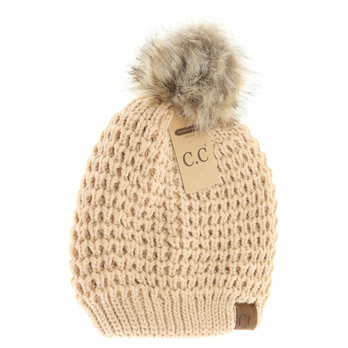 CC Beanie Solid Waffle Stitch Fur Pom