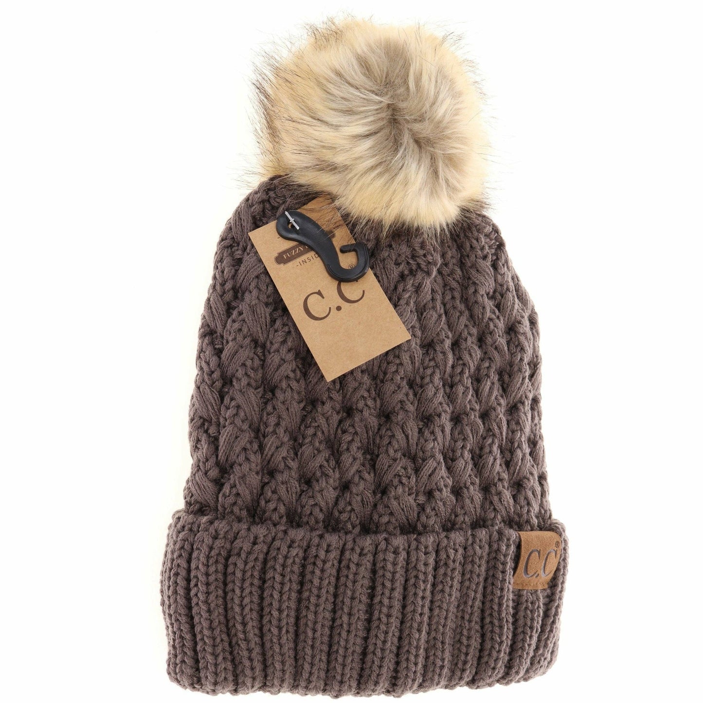 CC Beanie Solid Lattice Stitch Fur Pom Beanie