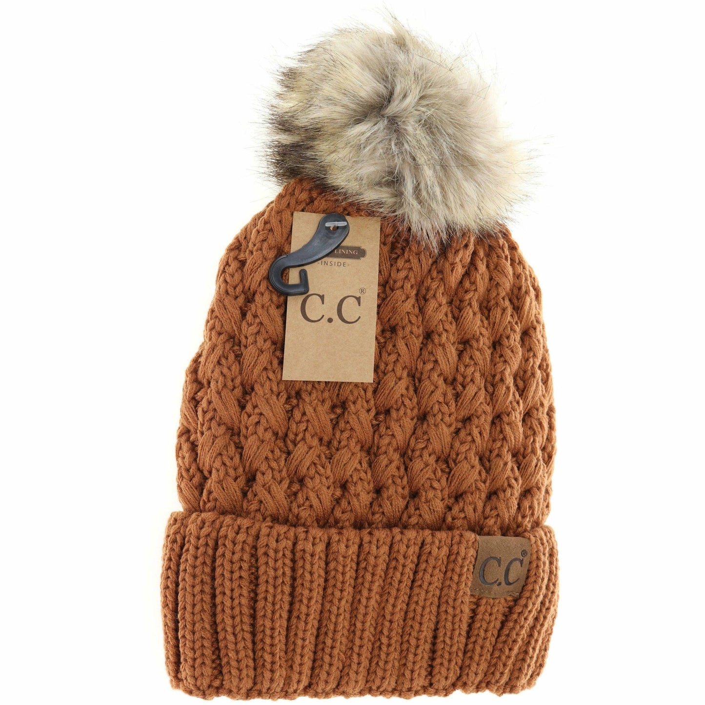 CC Beanie Solid Lattice Stitch Fur Pom Beanie