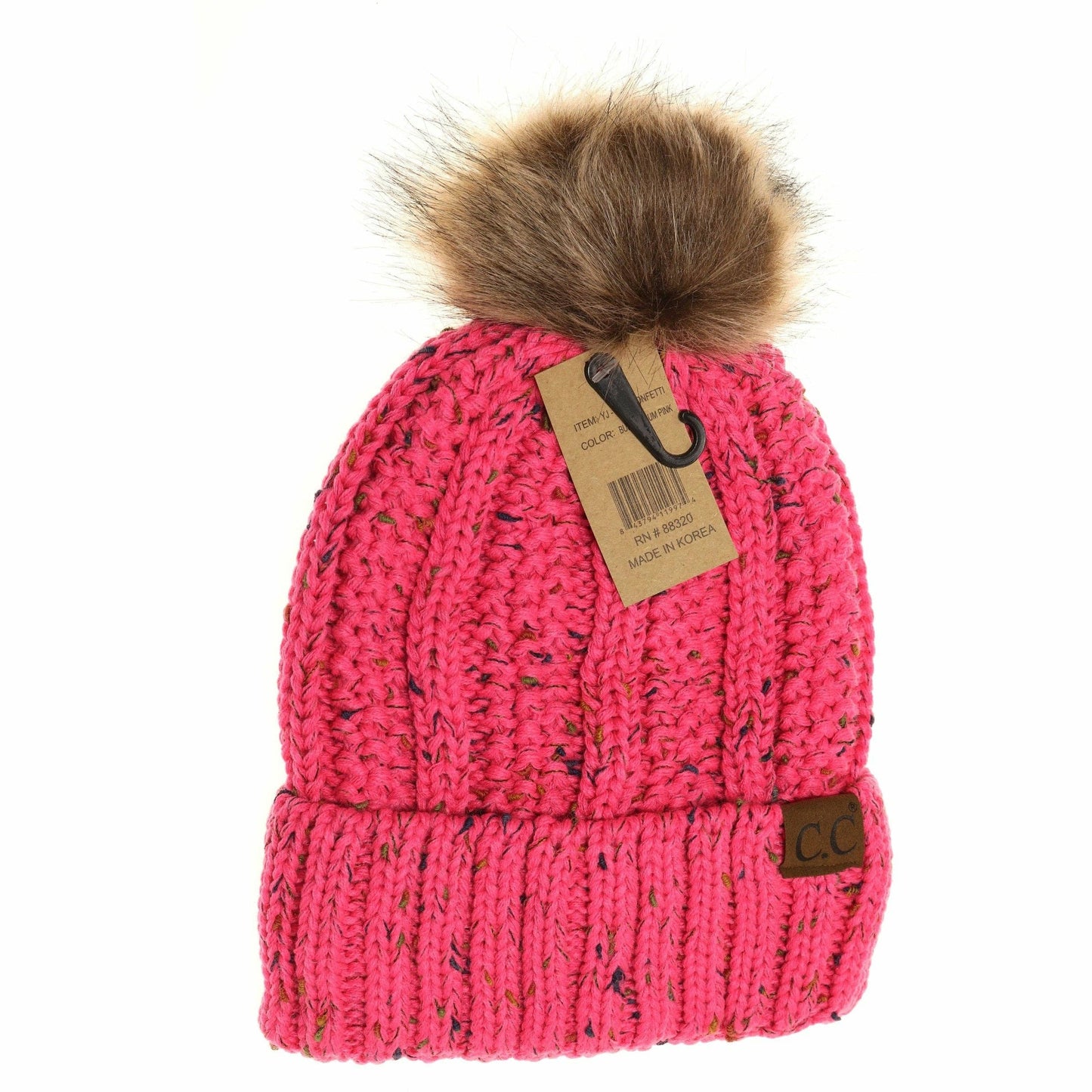 CC Beanie Fuzzy Lined Flecked Fur Pom