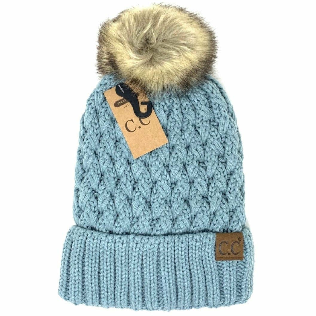 CC Beanie Solid Lattice Stitch Fur Pom Beanie