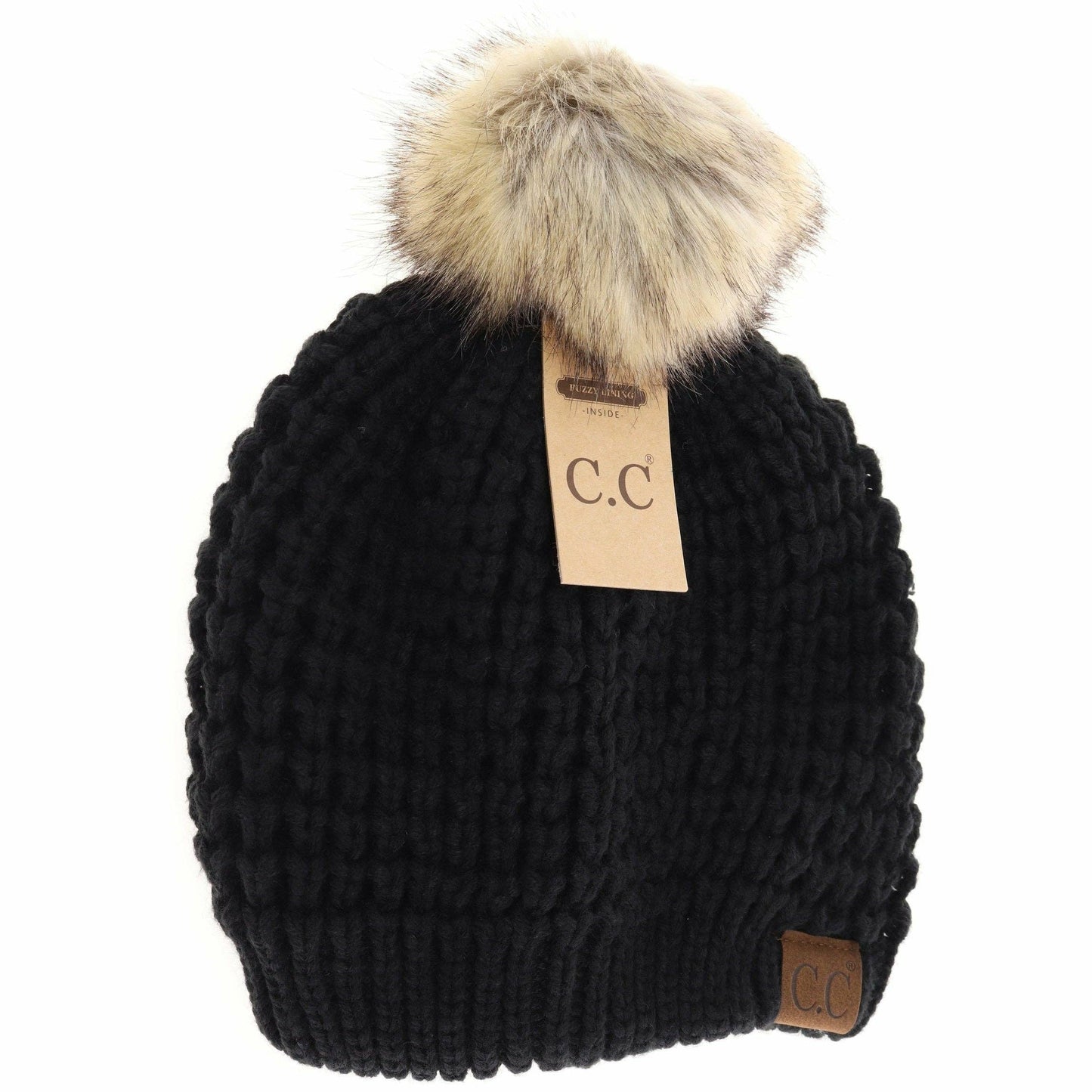 CC Beanie Solid Waffle Stitch Fur Pom