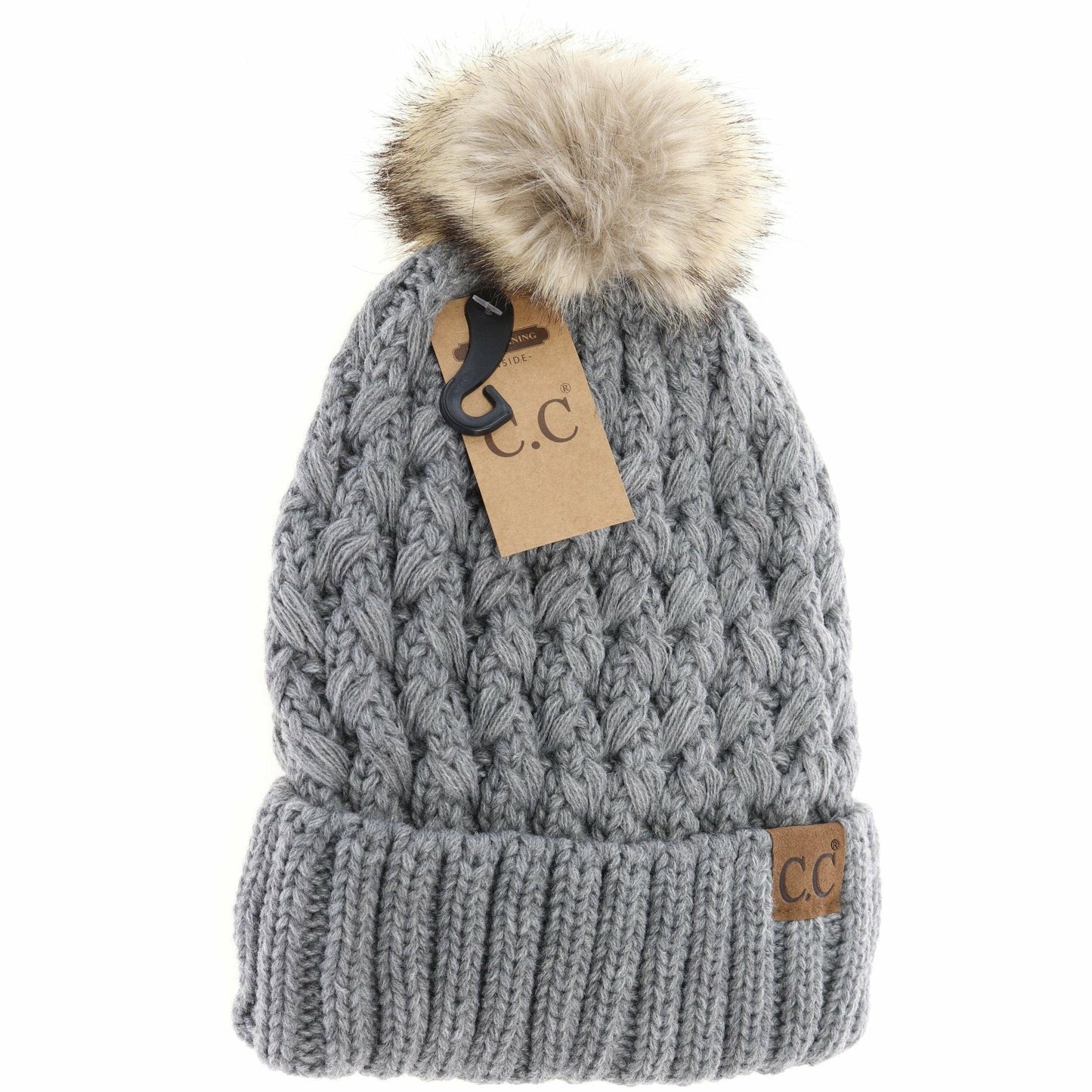 CC Beanie Solid Lattice Stitch Fur Pom Beanie