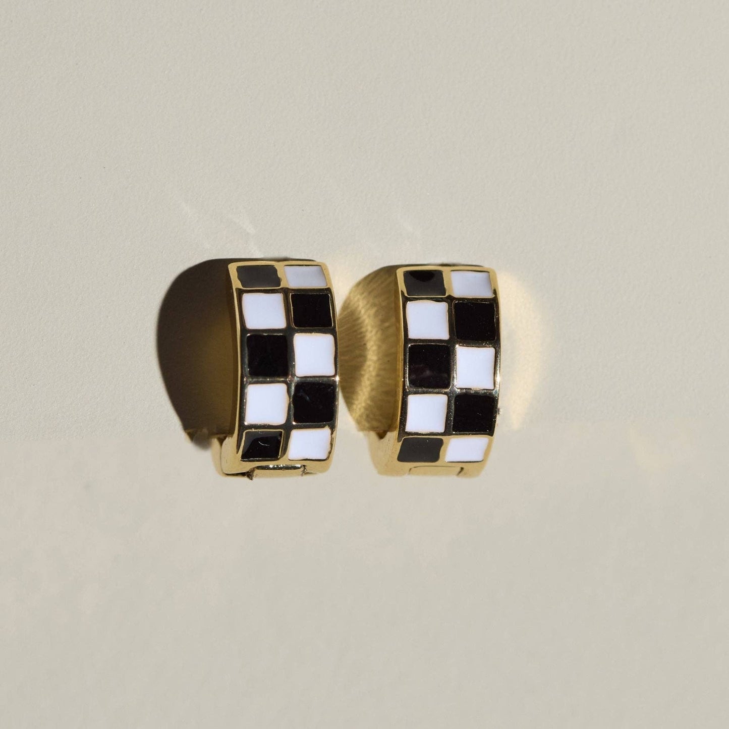 Nickel & Suede Black & White Checkered Enamel Huggies