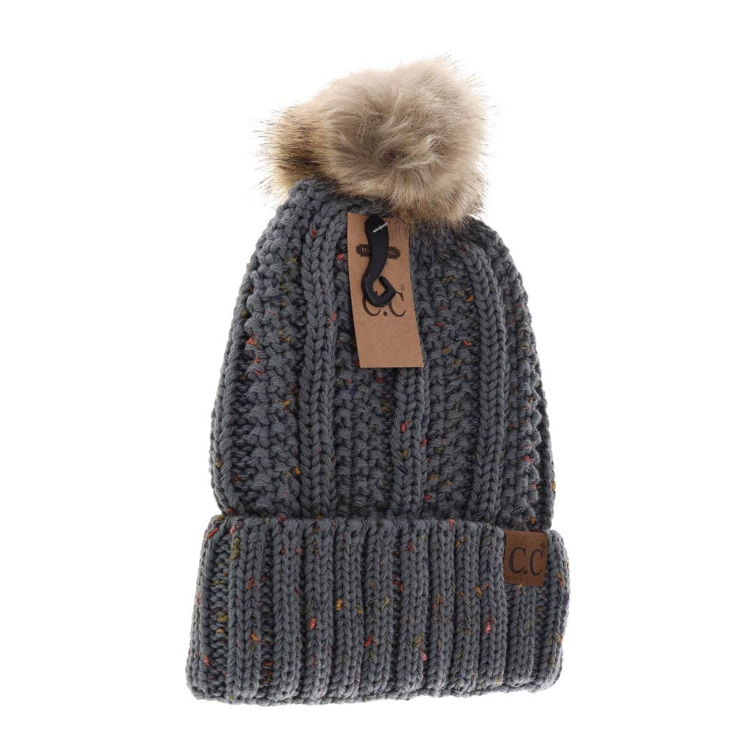 CC Beanie Fuzzy Lined Flecked Fur Pom
