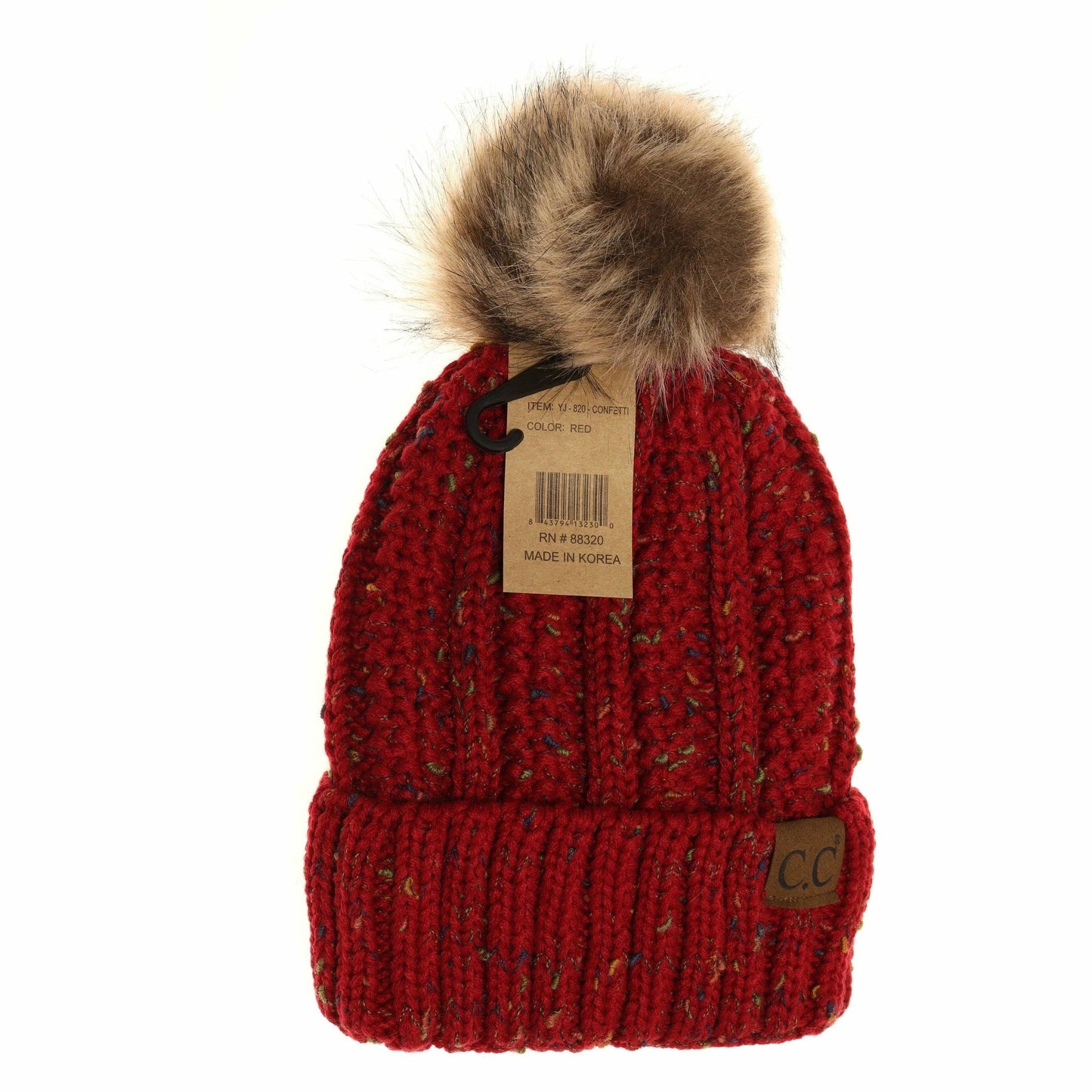 CC Beanie Fuzzy Lined Flecked Fur Pom