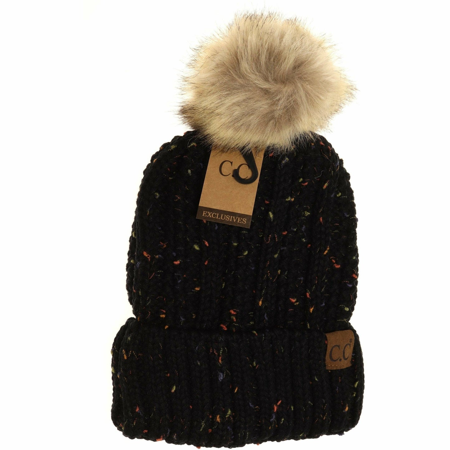 CC Beanie Fuzzy Lined Flecked Fur Pom