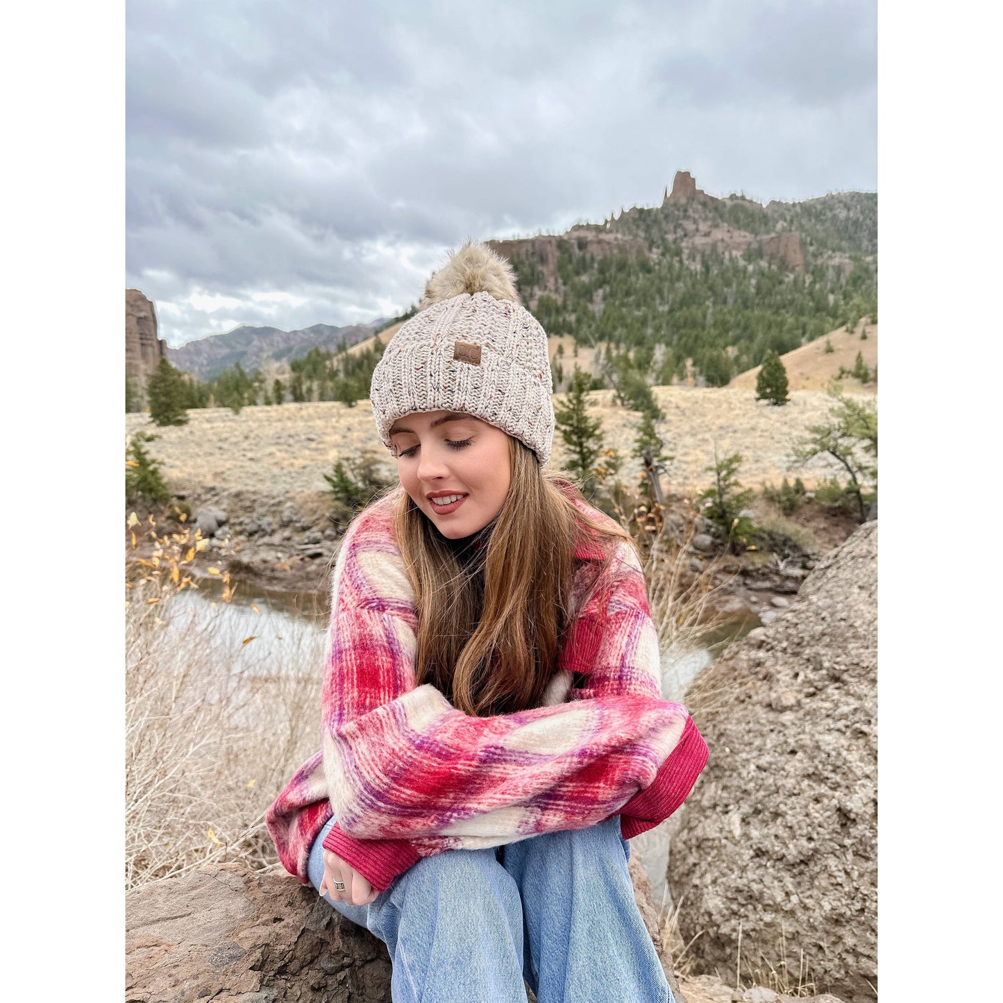 CC Beanie Fuzzy Lined Flecked Fur Pom