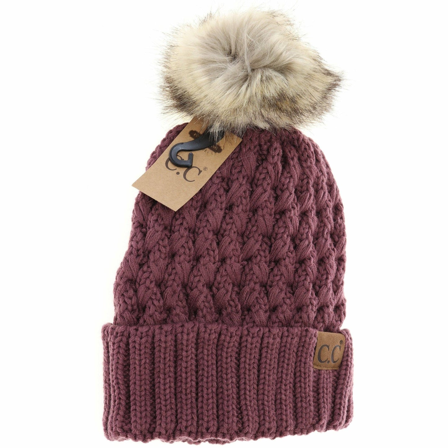 CC Beanie Solid Lattice Stitch Fur Pom Beanie