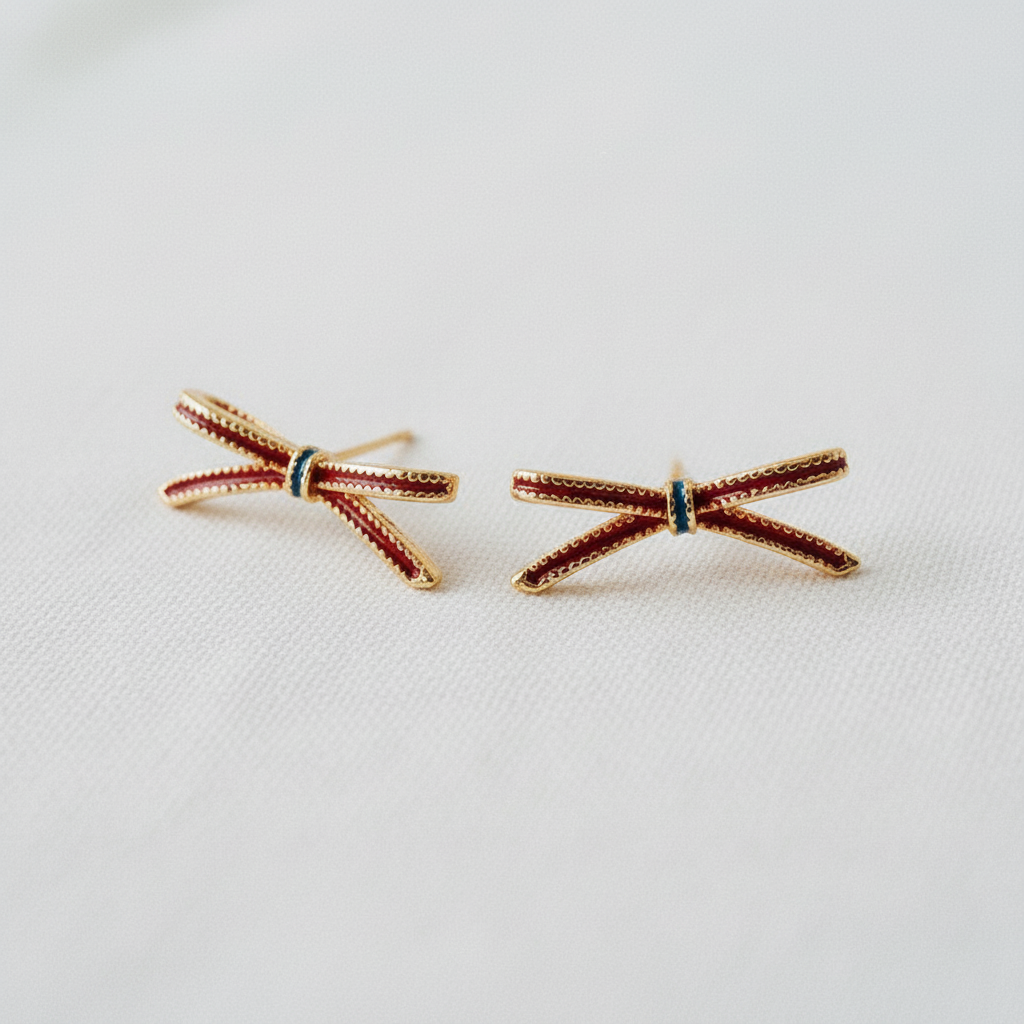 Miniature Burgundy Bow Stud Earrings