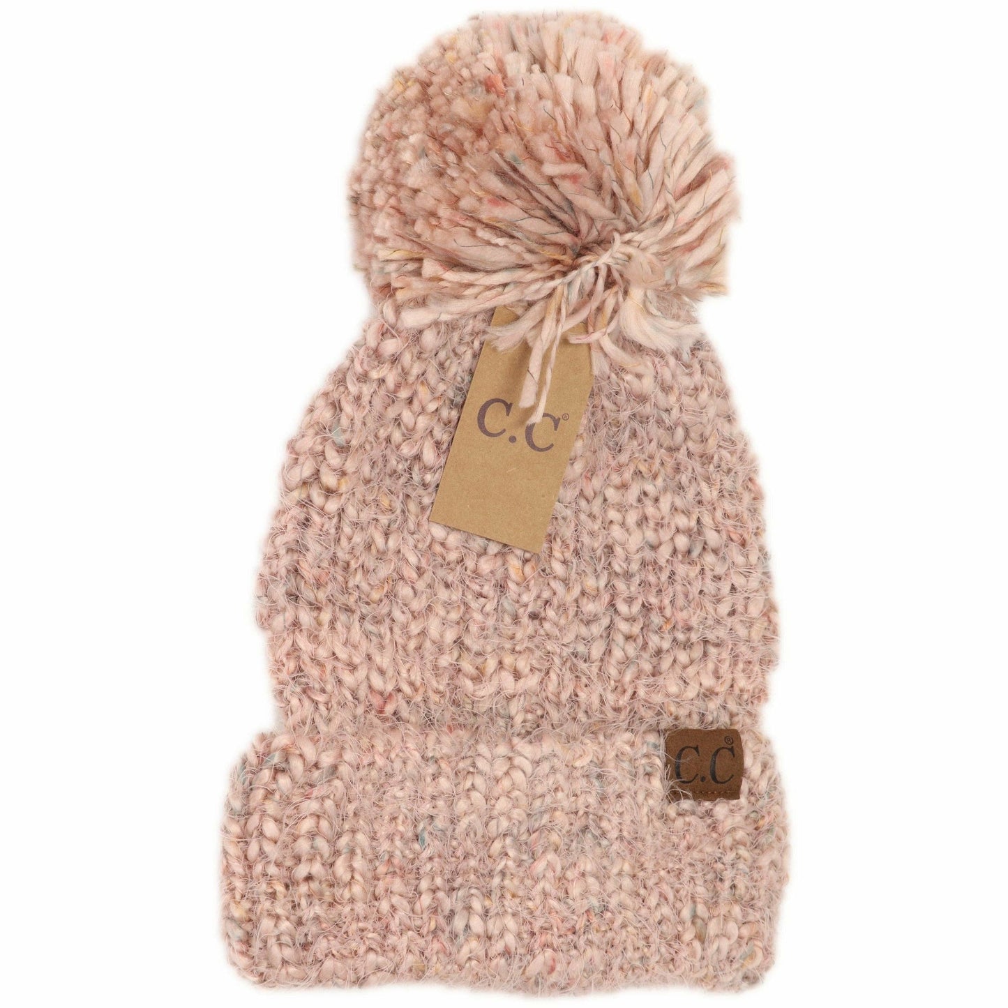 CC Beanie Multi Color Feather Knit Pom Beanie