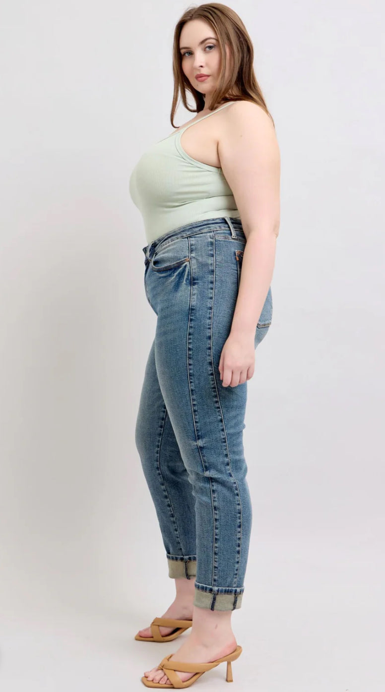 Judy Blue Mid Rise Vintage Wash SS Panel & Double Roll Cuff Boyfriend Jean
